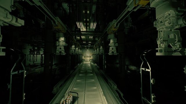 tight utility corridor packed with piping and control modules, slick floor reflects sparse lighting, industrial claustrophobia and tense atmosphere perfect