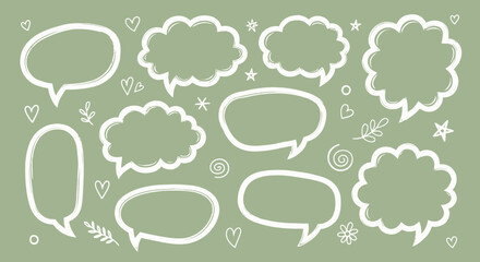 A collection of whimsical, hand-drawn speech bubbles and decorative hearts in white on a soft green background. Ideal for creative projects, communica