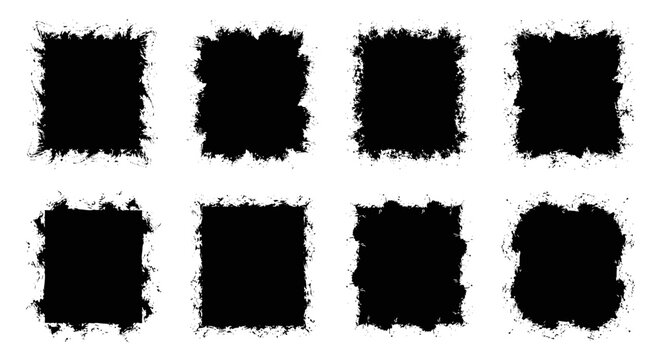 Four black squares with a distressed, grunge border are arranged in a grid on a white background. Ideal for design elements, borders, or creating uniq