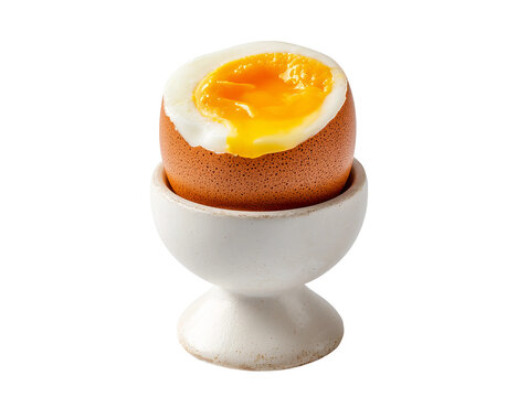 A Soft-Boiled egg in a white egg cup, cut in half, showing the golden yolk Isolated Transparent Background, PNG