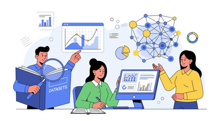 People analyzing data and charts on a computer screen.