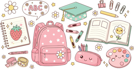 Cute school supplies illustration set with backpack, books, stationery, graduation cap, and playful education elements in pastel kawaii flat vector style © Sanjida