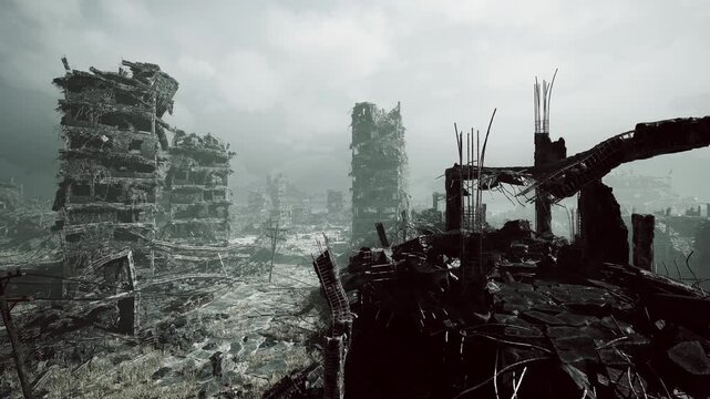 Foggy ruined city skyline collapsed towers, puddled streets and standing wreckage reflect pale light, crumbling concrete facades, distant broken cranes, low