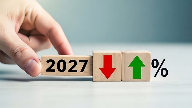 Hand arranging wooden blocks with 2027 down arrow up arrow and percentage sign