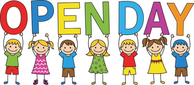 Happy Diverse Children Holding Colorful Open Day Letters for School Enrollment Education Event Welcome Banner and Kindergarten Back to School Celebration Concept