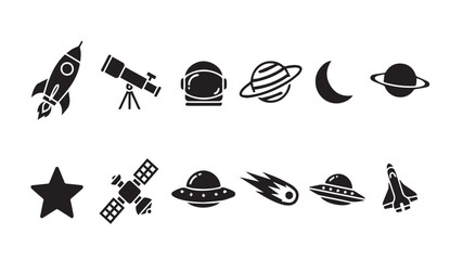 Black vector icons of space objects and exploration tools on white background © Vector Galaxy