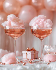 Galentine party decor features elegant pink cotton candy cocktails in glass, festive balloon background, sparkling beads, and wrapped gift, creating joyful and stylish celebration atmosphere