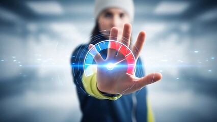 Woman interacts with virtual interface futuristic technology concept