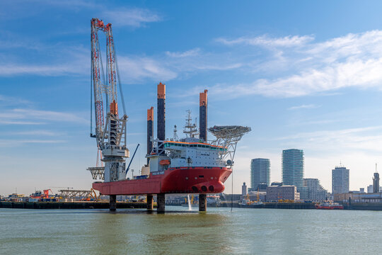 Vole au vent multi purpose offshore vessel in Oostende harbour used for installation of offshore wind turbines in North Sea, Belgium.