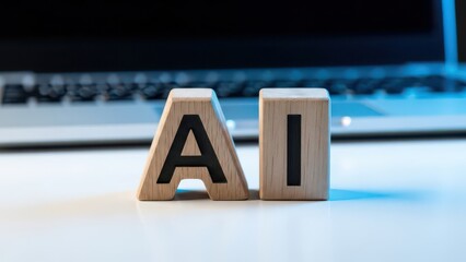 Wooden blocks with the letters "AI" placed in front of a laptop, symbolizing artificial intelligence and technology.