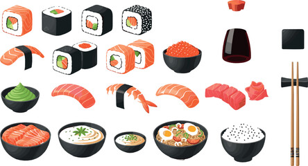 Japanese sushi and ramen food illustration set with rolls, nigiri, seafood, chopsticks, bowls, and traditional Asian cuisine flat vector design © Sanjida