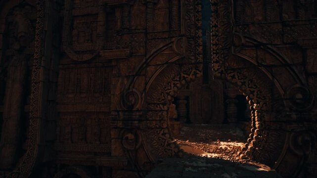 Close ornate portal glowing molten path, runic glyphs frame circular opening while molten stream cascades into shadowed chamber, conservator inspects gilded