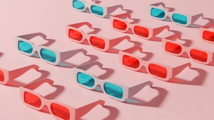 Red/blue 3D glasses lined up on pink background