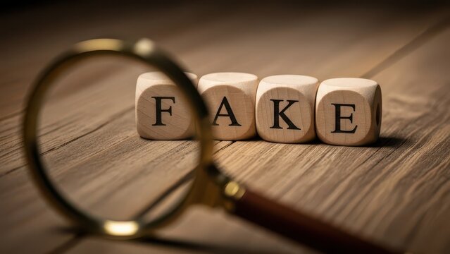 A magnifying glass is positioned over wooden blocks spelling out the word FAKE, symbolizing scrutiny and the detection of falsehoods.