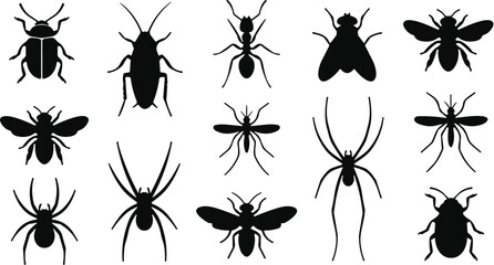 Comprehensive black silhouette collection of various common insects and pests featuring ants, beetles, spiders, flies, bees, mosquitoes, and cockroaches on a white background. © MdAzim
