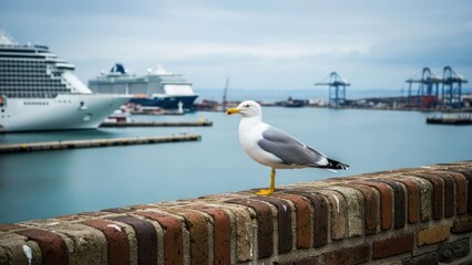 Fototapeta premium Seagull on brick wall, ships & harbor in background