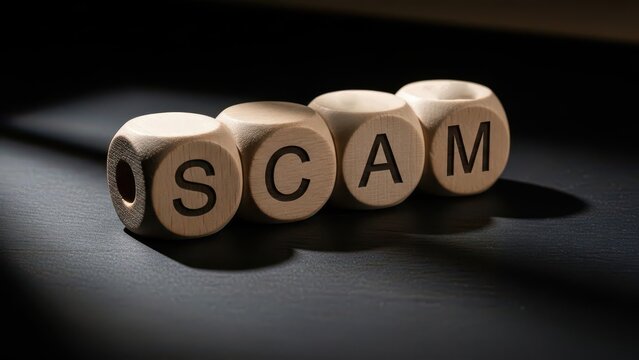 Four wooden dice with letters spelling out the word SCAM, casting a shadow on a dark surface.