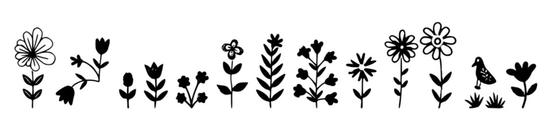 Simple floral horizontal banner, organic garden plant silhouettes Rustic wildflower line art vector elements for wedding invitation design 