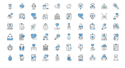 Set of 70 Blue and Gray Charity and Donation Line Icons Vector