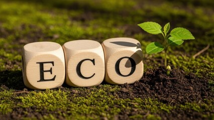 Three wooden cubes with the letters E, C, and O spelling out 'ECO' placed on mossy ground next to a small green sprout.