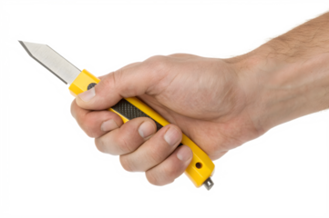 Human Hand Holding Yellow Utility Knife Transparent Background