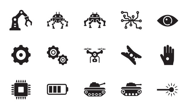 Collection of modern technology and machinery icons including robots, gears, drones, and microchips.