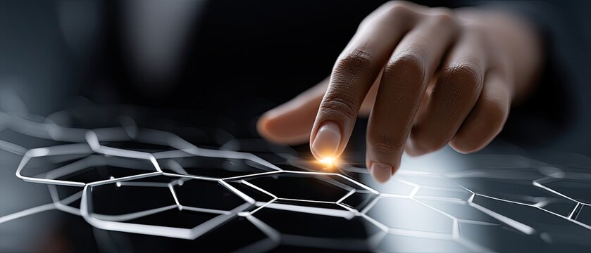 Hand touches a virtual screen with hexagons and social media icons, showcasing digital marketing and online advertising ideas - Powered by Adobe