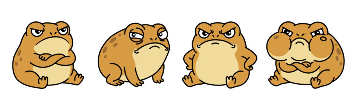 Funny grumpy toad sticker set. Angry frog character with skepticism, pout and rage. Kawaii vector illustration.
