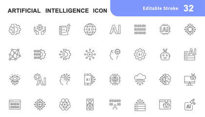 Obraz premium Artificial intelligence icon set. Contains such Icons as decision, ai, artificial intelligence, brainstorming, machine learning, assistant, connection, bot. Set of thin lines AI technology. Vector