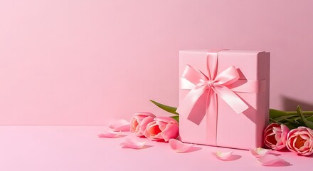 Pink gift box with ribbon and flowers