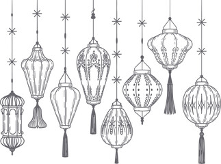 Set of traditional Islamic hanging lantern sketches, decorative oriental lamp silhouettes for Ramadan and Eid design © MdMajnur