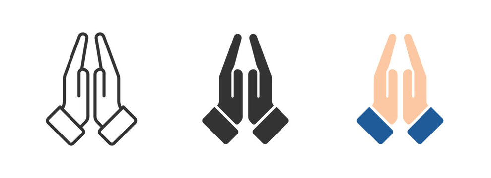 Prayer and Respect icon set. Pray icon collection, religion and prayer, hands praying icon set, linear pattern on white background. Sign of gratitude with folded hands. Vector