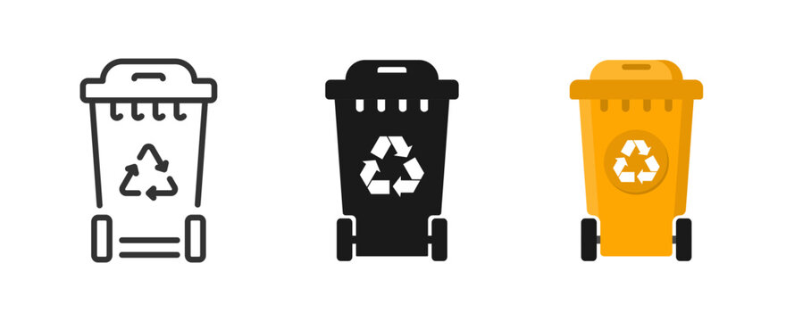 Trash Bin icons set. Garbage bins for garbage collection and recycling. Line, glyph and flat style. Trash can, bin icons, rubbish bin sign. Vector illustration