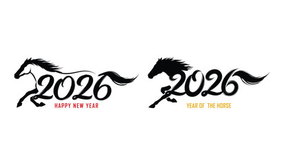 Obraz premium 2026 year of the horse calligraphy with running horse silhouettes in black and red Keywords: 2026, year of the horse, calligraphy, running horse, silhouette, black, red, yellow, happy new year