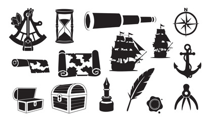 Vintage nautical and pirate icons set including ships treasure maps and anchors © Vector Galaxy