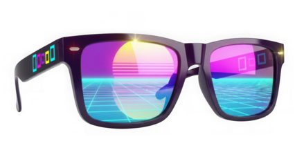 Retro Synthwave Sunglasses With Neon Grid And Sunset Reflection