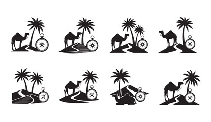 Obraz premium Desert travel icons with camels, palm trees, and compasses for navigation and adventure themes.