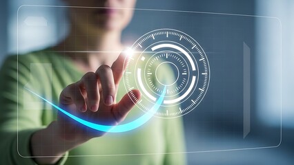 Woman interacts with futuristic digital interface touching virtual graph