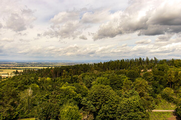 Scenic landscape view from a lookout tower in Olomouc. Panorama of hills, forest and rural countryside in Moravia, Czech Republic.