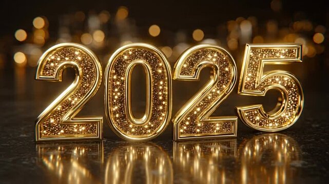 Glittering Golden 2025 Numbers Reflecting on a Dark Surface with Festive Bokeh Lights