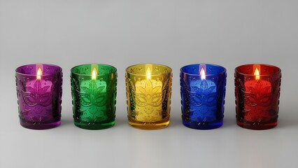 A row of colorful glass votive candles on a plain background