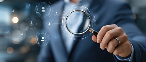 Businessman looks closely at happy avatars and virtual icons while working on a digital device on a wooden table