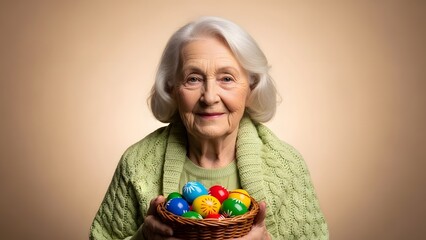 An elderly woman holding a basket of colorful Easter eggs with a warm smile