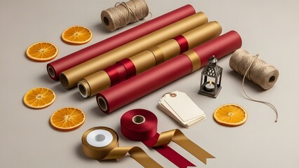 A beautifully arranged collection of gift wrapping materials and decorations