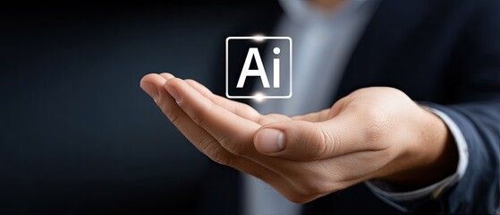 Businessman displays a virtual icon of ai with digital connections on a dark background, signifying future technology in industry
