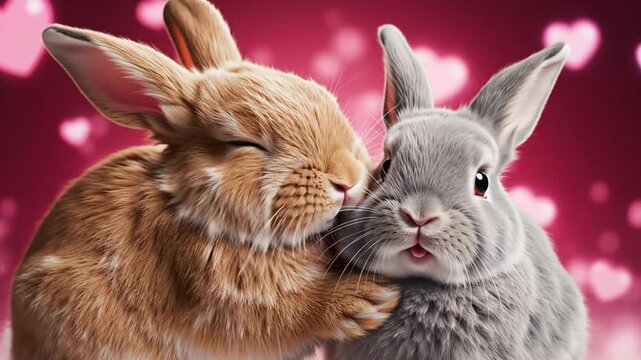 Cute bunnies nuzzling lovingly, celebrating tender affection with a warm glow