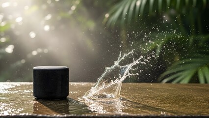 A black waterproof speaker sitting on a wet surface in a tropical environment