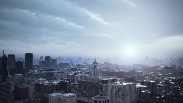 city skyline at cinematic blue sunrise, architect on rooftop imagines redevelopment, slowmoving clouds and soft haze soften towers, reflective glass