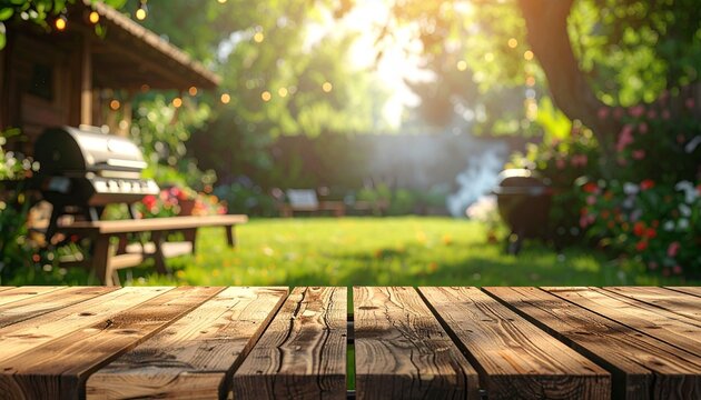 summer time gathering in backyard garden featuring grill BBQ, wooden table, blurred background