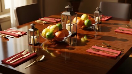 A beautifully set dining table with fruit and lanterns in a warm atmosphere